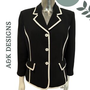 A&K DESIGNS | Black & White Contrast Trim Blazer Lined Size 12P